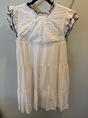 English Factory White Mini Dress with Black Ruffle Trim